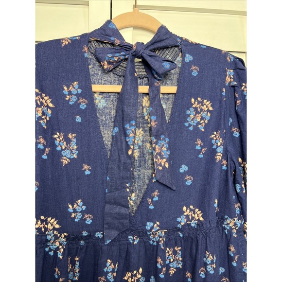 Free People Petit Fours Boho Linen Blend Tiered Mini Dress Size Small Indigo - Picture 12 of 15